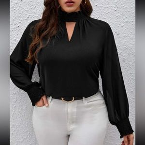 Plus Size Sheer Cuff Long Sleeve Cut Out Work Office Top Blouse Shirt Black